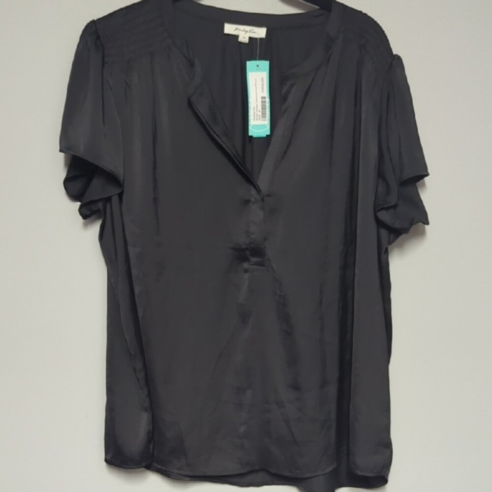 NWT Monday Fun Black V Neck Flutter Sleeve Blouse